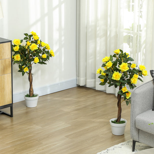 Toysnug Set Of 2 Artificial Plants Yellow Green Rose Floral In Pot